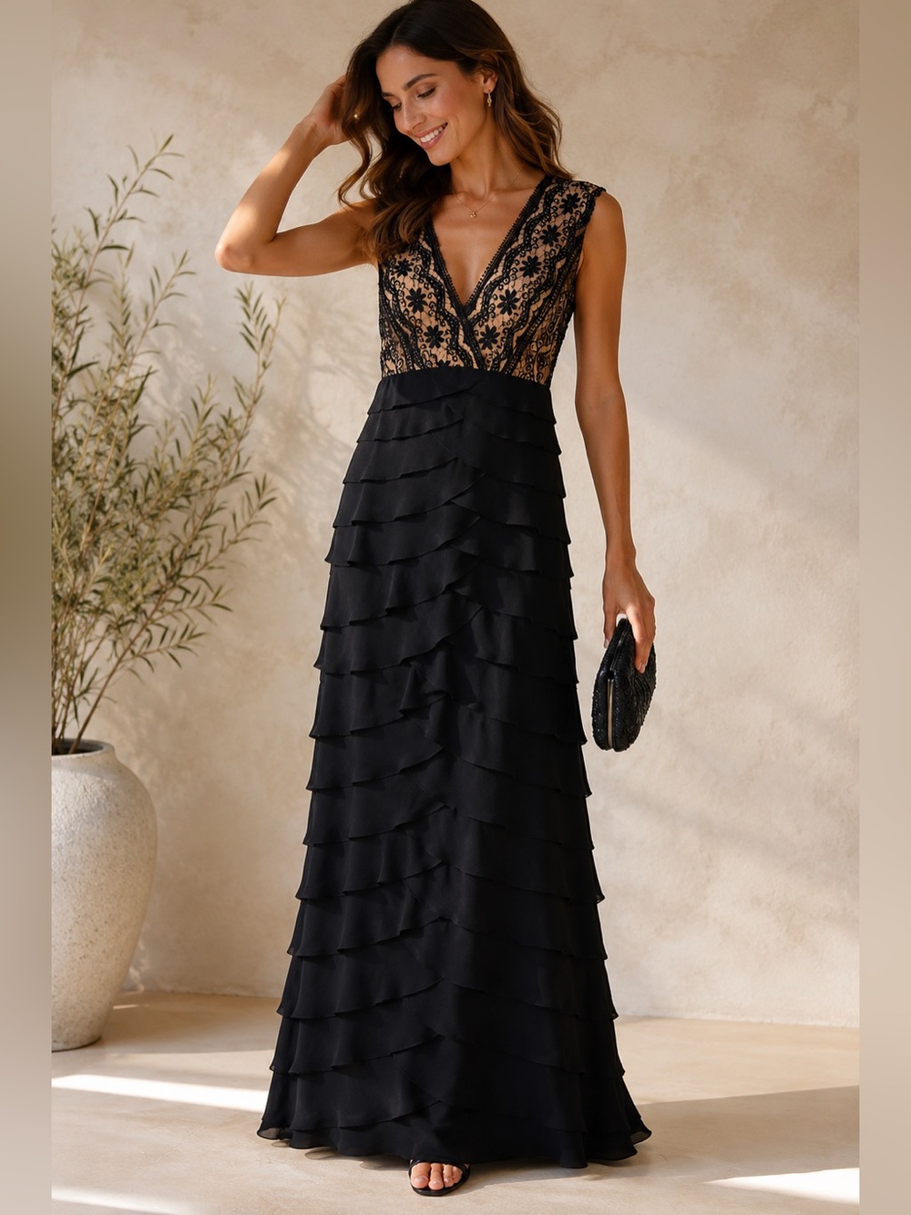 Adrianna Papell Evening Black Lace Tiered Gown Women’s 14W Formal Dress
